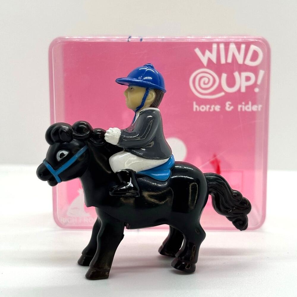 VTG Wind-Up Black Horse & Rider, Original Box by Rich Frog - Working Condition